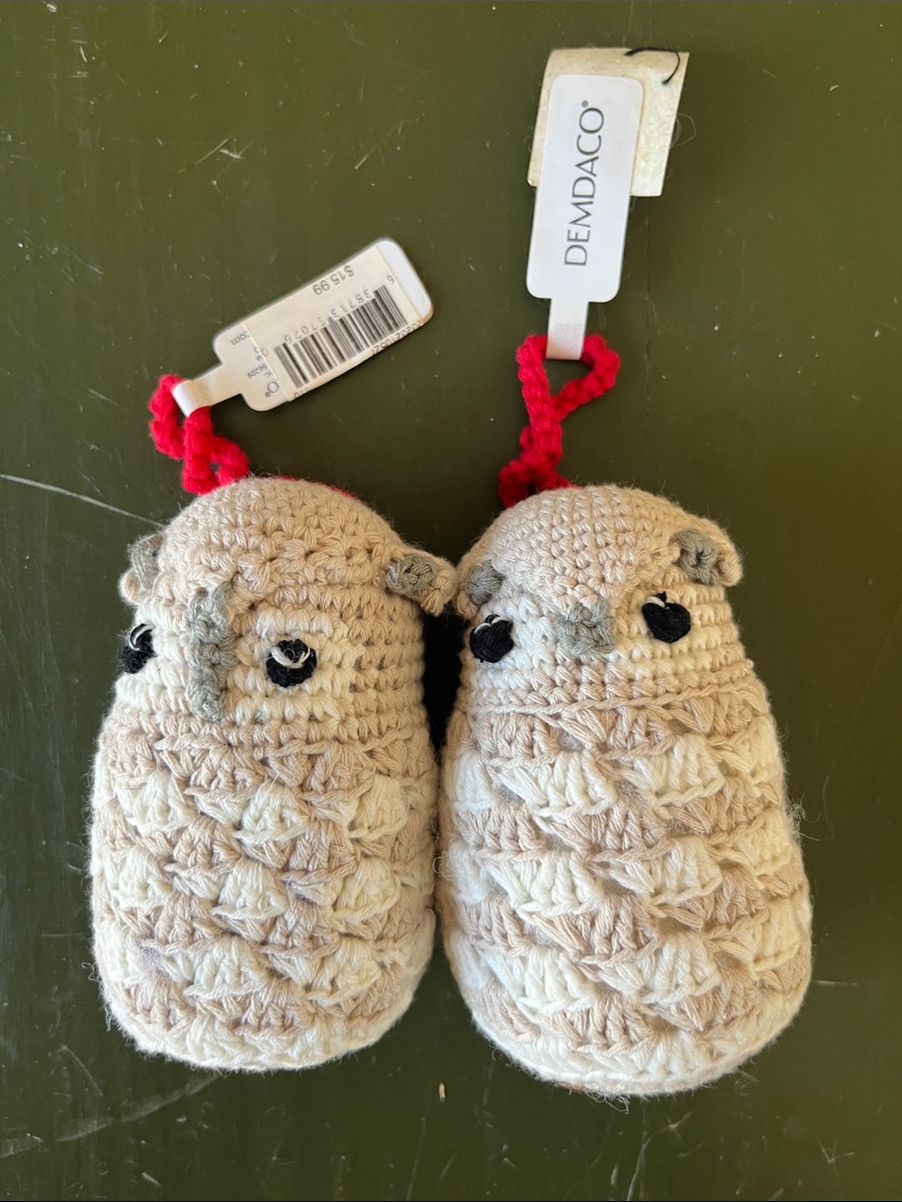 Demdaco Cream and Tan Crochet Owl Pair with Red Hangers